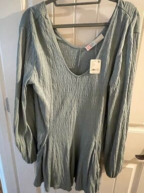 Free People Sage Green Long Sleeve V-Neck Textured Top